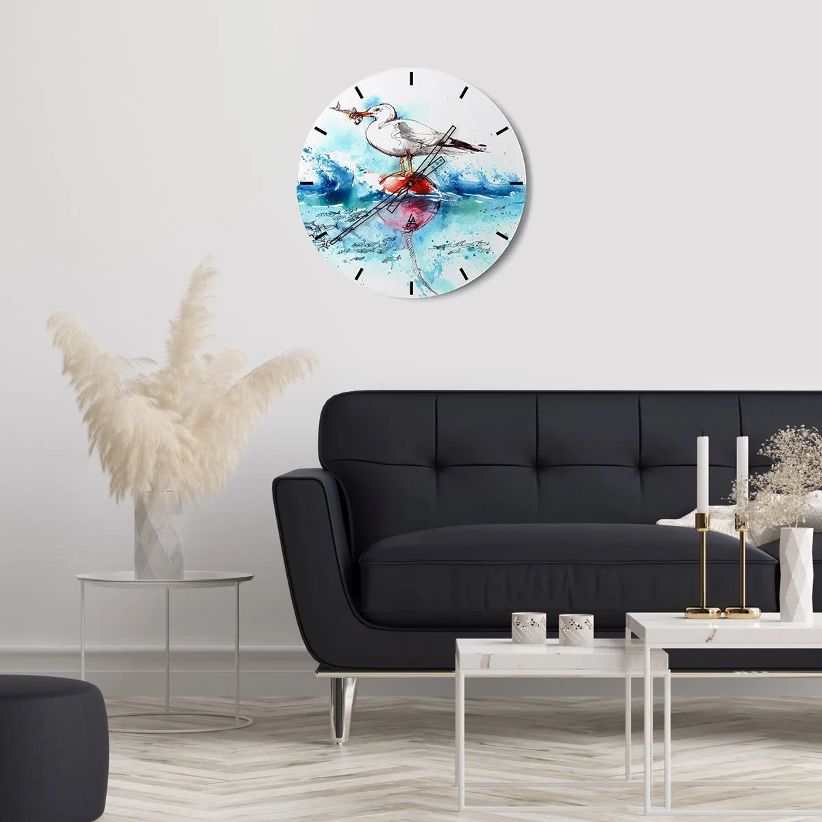 Reloj de pared - Reloj de vidrio - Una gaviota con un pez en una boya entre las olas, representada en estilo acuarela. - 30x30cm - Una captura exitosa - Decoración de pared moderna para salón, cocina y dormitorio ARTTOR