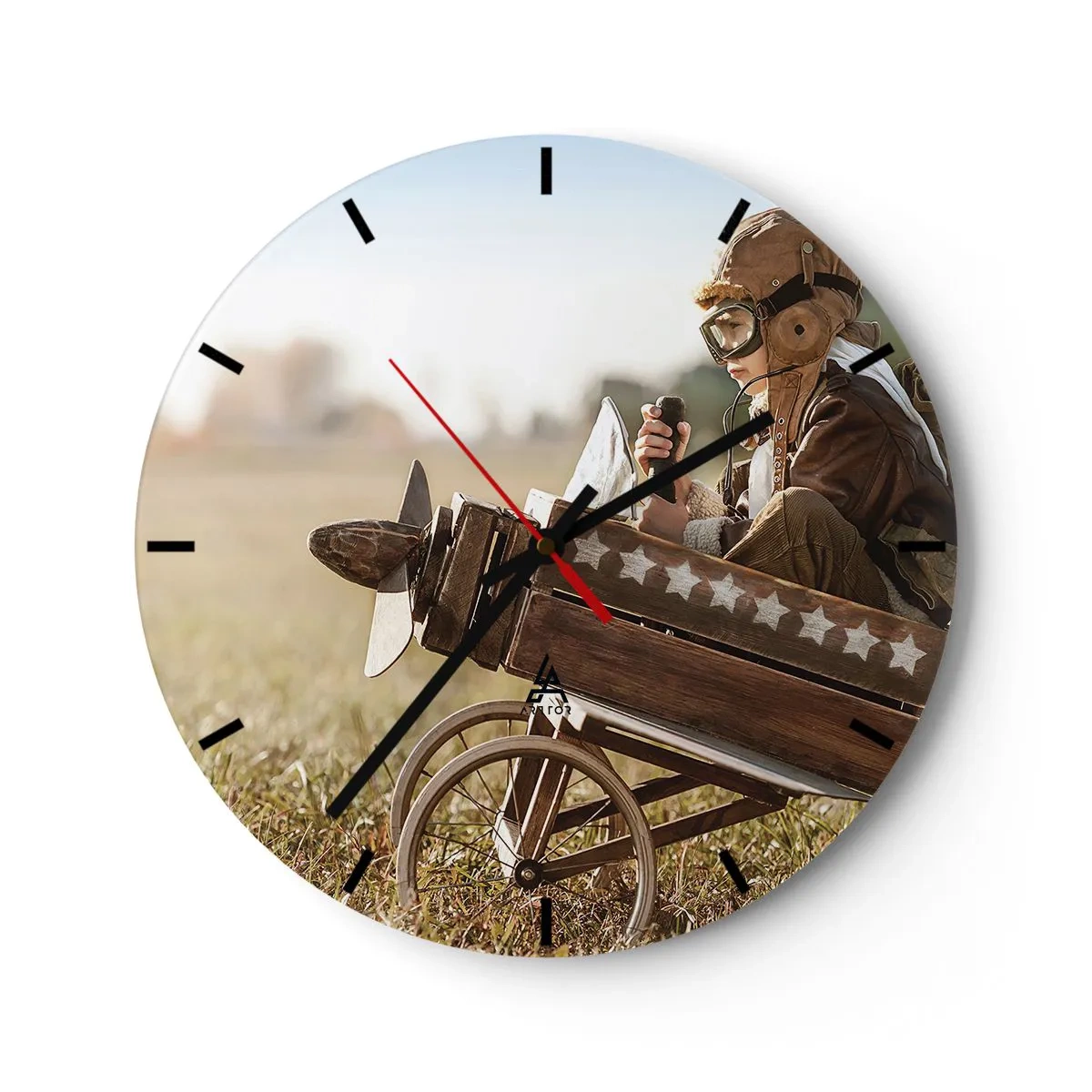 Reloj de pared - Reloj de vidrio - Un niño disfrazado de piloto en un avión de madera. - 30x30cm - Despegue hacia un sueño - Decoración de pared moderna para salón, cocina y dormitorio ARTTOR