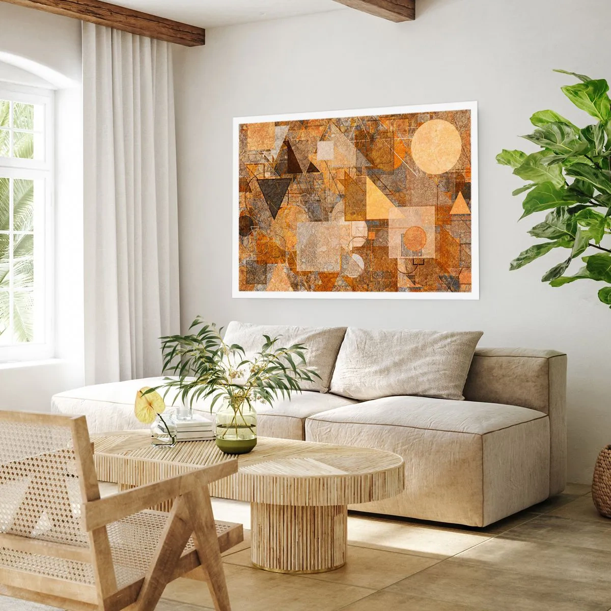 Póster - Figuras geométricas abstractas en tonos cálidos. - 100x70cm - Estudio cubista en bronce - Decoración de pared moderna para salón y dormitorio ARTTOR