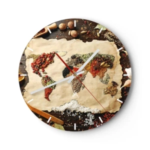 Reloj de pared - Reloj de vidrio - Mapa del mundo hecho de especias sobre un fondo de madera - 30x30cm - Todos los sabores del mundo - Decoración de pared moderna para salón, cocina y dormitorio ARTTOR