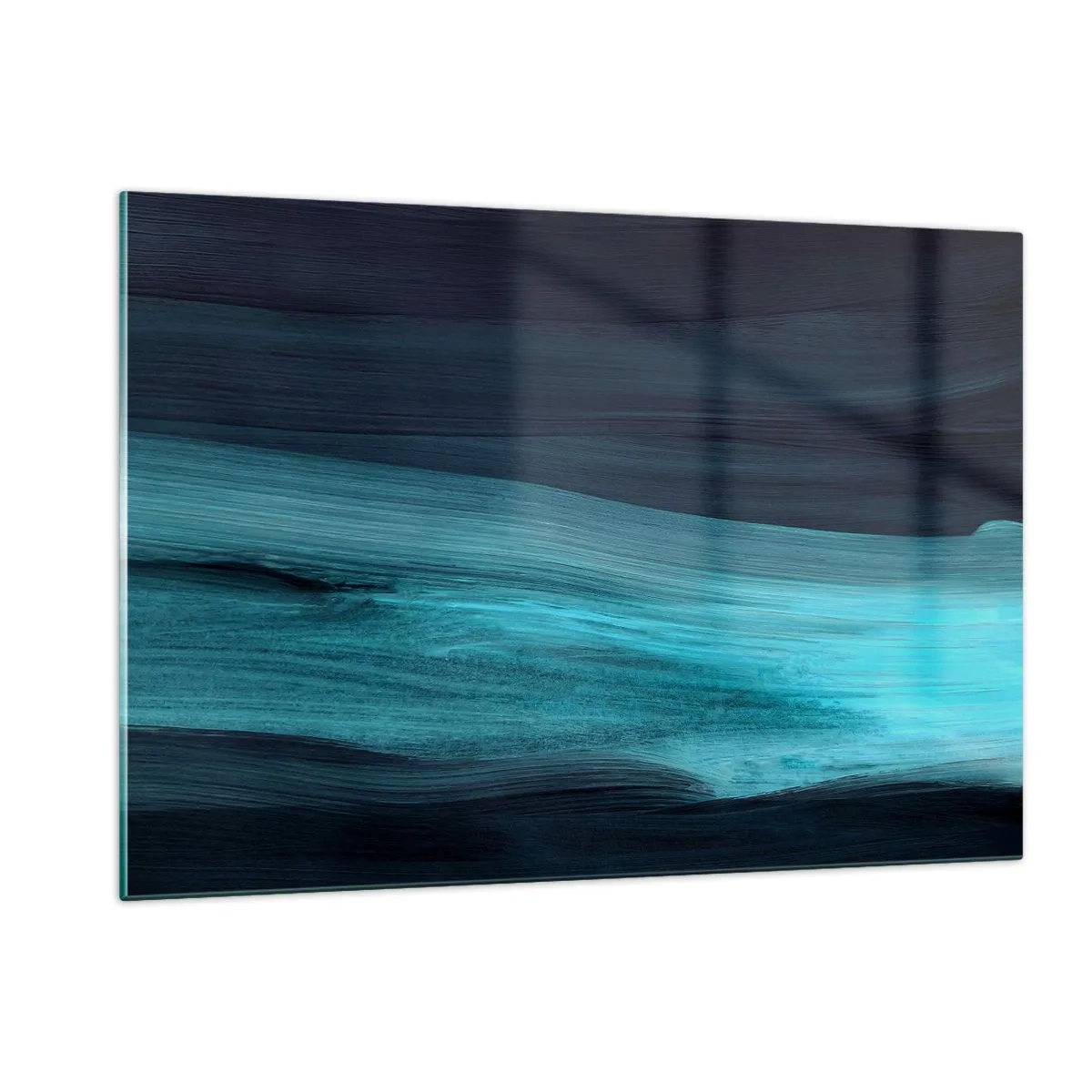 Cuadro sobre vidrio - Impresiones sobre Vidrio - Onda abstracta en tonos turquesa y azul marino. - 120x80cm - Nadar con la corriente - Decoración de pared moderna para salón y dormitorio ARTTOR