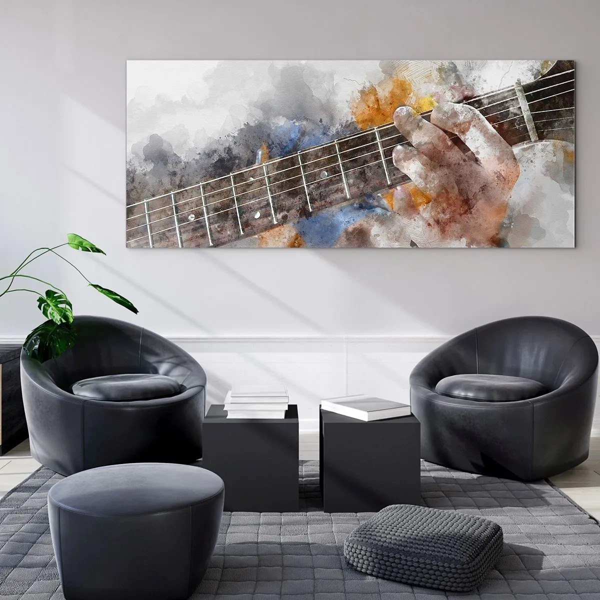 Cuadro sobre vidrio - Impresiones sobre Vidrio - Imagen abstracta de una mano tocando la guitarra. - 140x50cm - Poesía entre las cuerdas - Decoración de pared moderna para salón y dormitorio ARTTOR