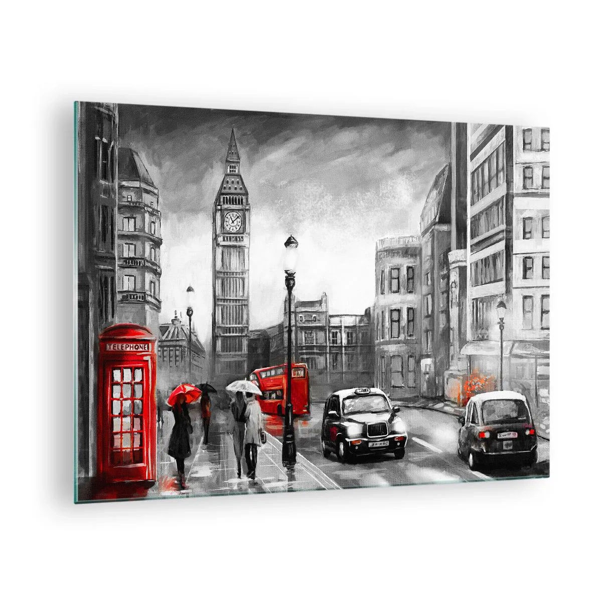 Cuadro sobre vidrio - Impresiones sobre Vidrio - El Big Ben y las calles de Londres con acentos rojos sobre un fondo gris - 70x50cm - No tan gris como la pintan - Decoración de pared moderna para salón y dormitorio ARTTOR