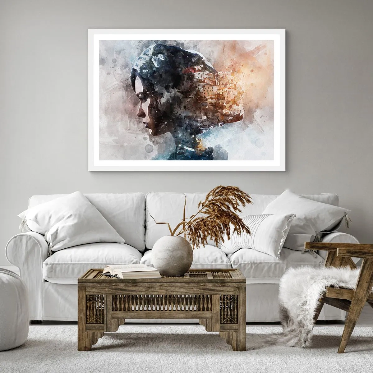 Póster en marco blanco - Una historia sobre una niña con una ciudad de fondo - 40x40 cm