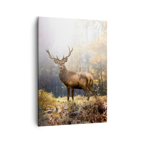 Cuadro sobre lienzo - Impresión de Imagen - Ciervos en el bosque otoñal con rayos de sol. - 50x70cm - Con toda la majestuosidad - Decoración de pared moderna para salón y dormitorio ARTTOR