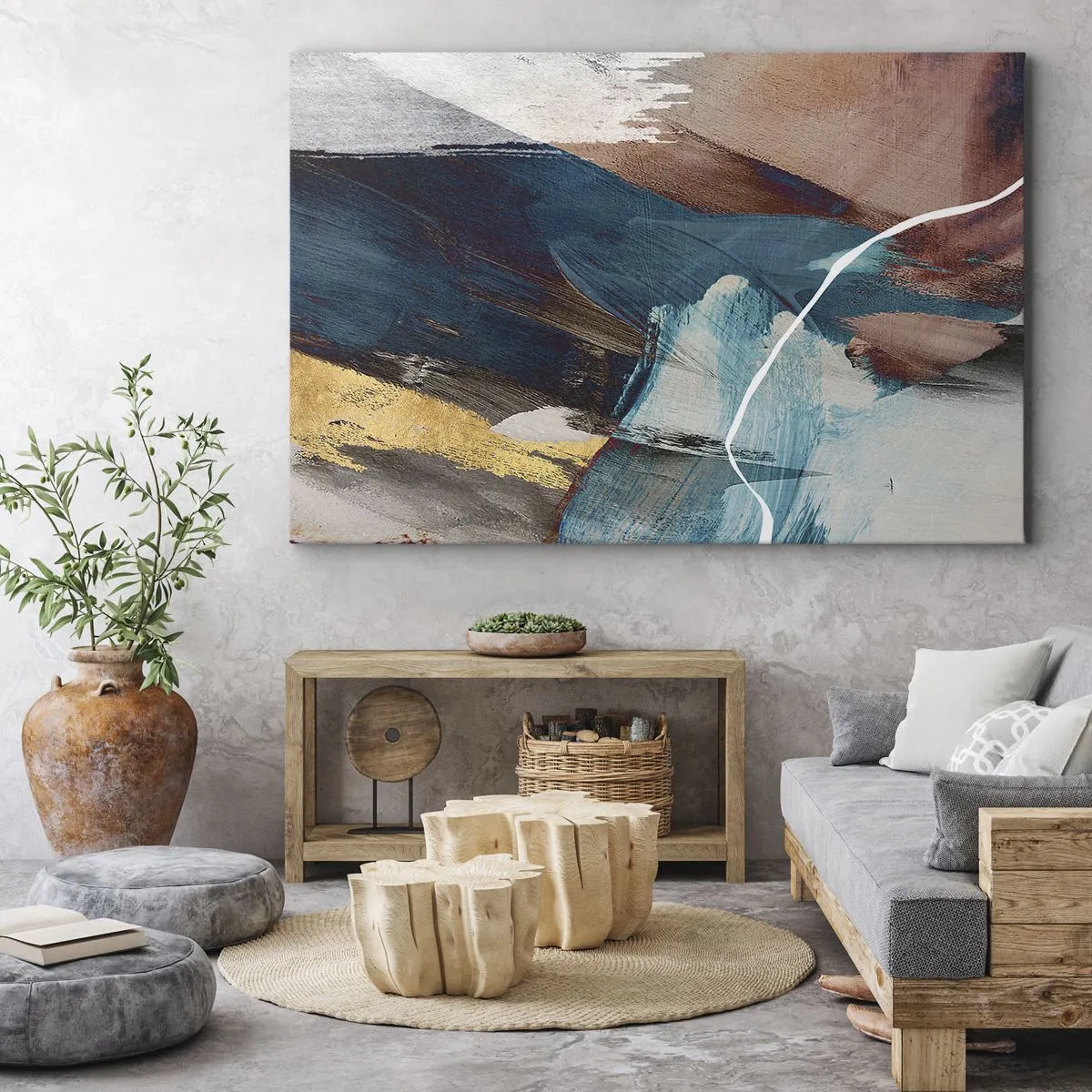 Cuadro sobre lienzo - Impresión de Imagen - Pinceladas abstractas en tonos azules y dorados. - 70x50cm - Con estilo y energía - Decoración de pared moderna para salón y dormitorio ARTTOR