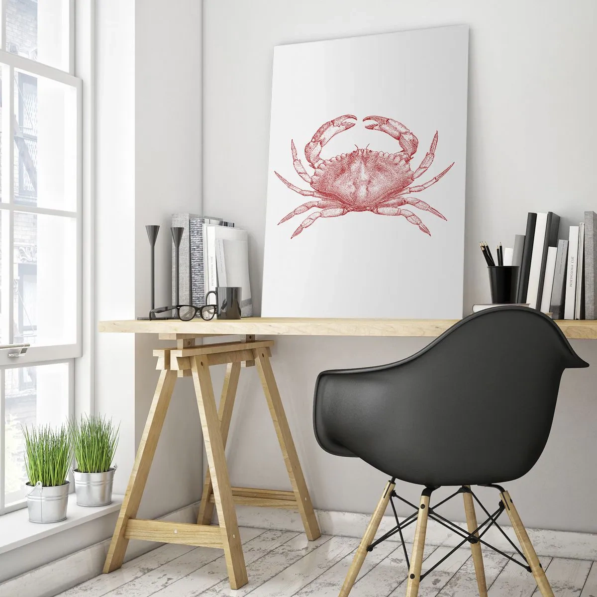 Cuadro sobre vidrio - Impresiones sobre Vidrio - Boceto de un cangrejo rojo sobre un fondo claro en estilo retro - 50x70cm - El explorador de las rocas - Decoración de pared moderna para salón y dormitorio ARTTOR