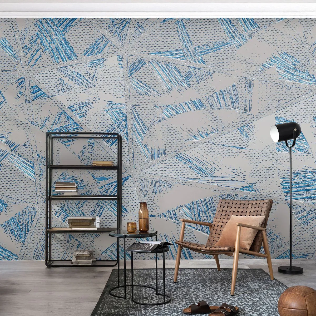 Fotomural Premium Sand - Patrón geométrico en tonos grises y azules. - 100x70cm - En un laberinto gris azulado - Decoración de pared moderna para salón y dormitorio ARTTOR