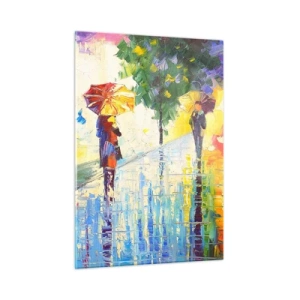 Cuadro sobre vidrio - Impresiones sobre Vidrio - Un colorido paseo bajo la lluvia con un paraguas impresionista. - 50x70cm - Y todo está claro - Decoración de pared moderna para salón y dormitorio ARTTOR