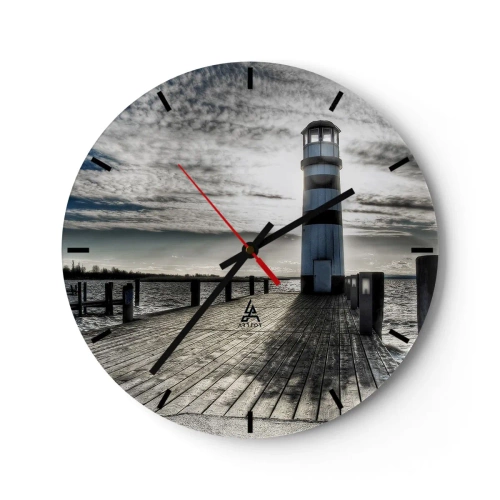 Reloj de pared - Reloj de vidrio - Un faro en un muelle de estilo monocromático. - 30x30cm - Marineros, aquí os espero - Decoración de pared moderna para salón, cocina y dormitorio ARTTOR