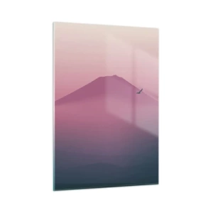 Cuadro sobre vidrio - Impresiones sobre Vidrio - Un paisaje minimalista con montaña y pájaros en colores pastel. - 50x70cm - Sobre las nubes - Decoración de pared moderna para salón y dormitorio ARTTOR