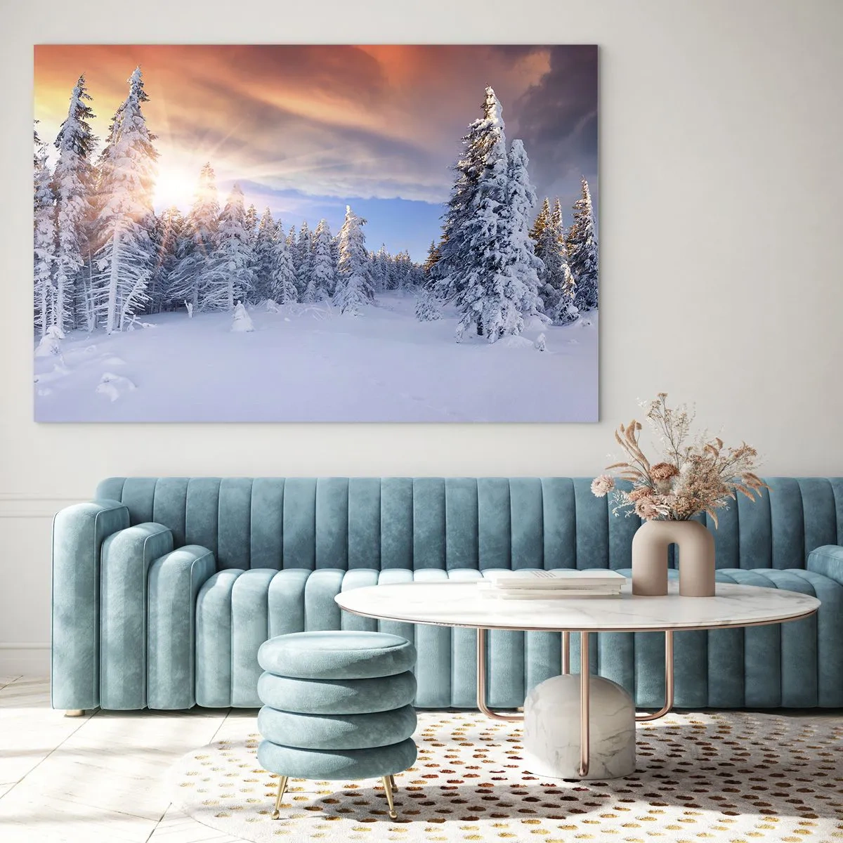 Cuadro sobre vidrio - Impresiones sobre Vidrio - Paisaje invernal con árboles cubiertos de nieve al atardecer - 70x50cm - Un espectáculo de naturaleza nevada - Decoración de pared moderna para salón y dormitorio ARTTOR