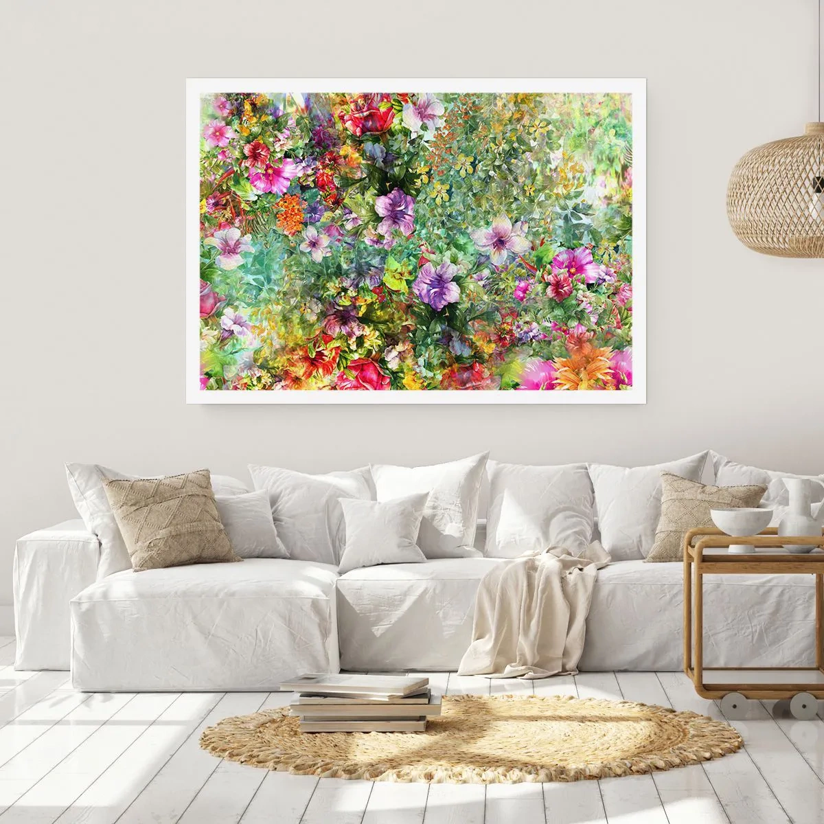 Póster - Un arreglo floral colorido sobre un fondo verde. - 100x70cm - En flores a la perdición - Decoración de pared moderna para salón y dormitorio ARTTOR