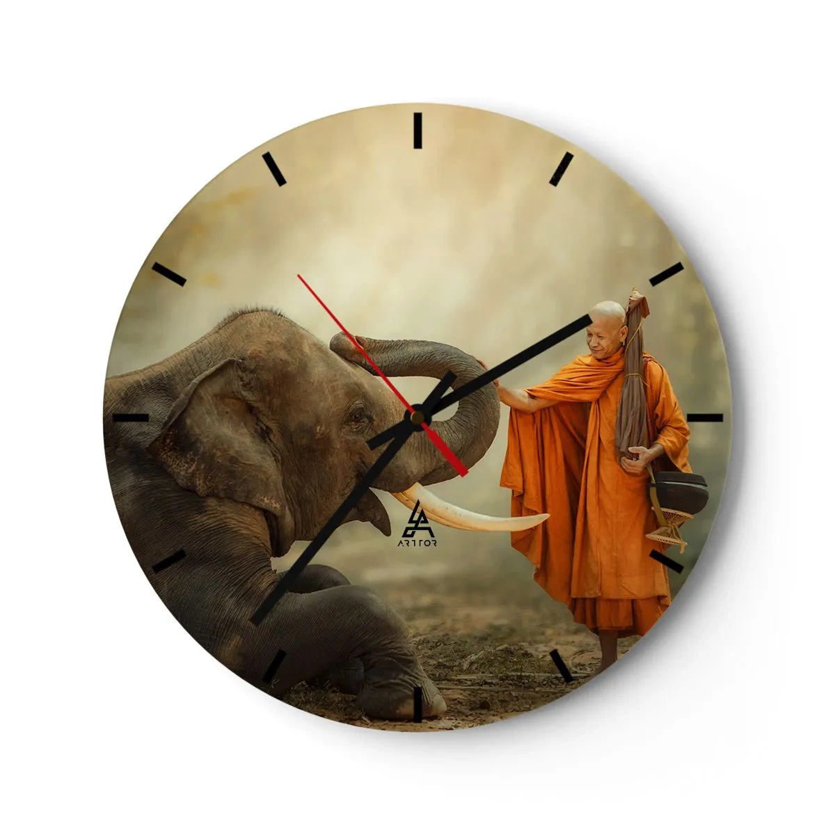 Reloj de pared - Reloj de vidrio - Un monje budista y un elefante en un entorno natural y tranquilo. - 30x30cm - Un encuentro en un viaje - Decoración de pared moderna para salón, cocina y dormitorio ARTTOR