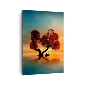 Cuadro sobre lienzo - Impresión de Imagen - Un árbol de hojas rojas y un barco en el agua al atardecer. - 50x70cm - La lejanía y el silencio del mundo - Decoración de pared moderna para salón y dormitorio ARTTOR