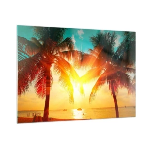 Cuadro sobre vidrio - Impresiones sobre Vidrio - Palmeras iluminadas por el sol sobre una playa tropical - 100x70cm - Pareja exótica - Decoración de pared moderna para salón y dormitorio ARTTOR