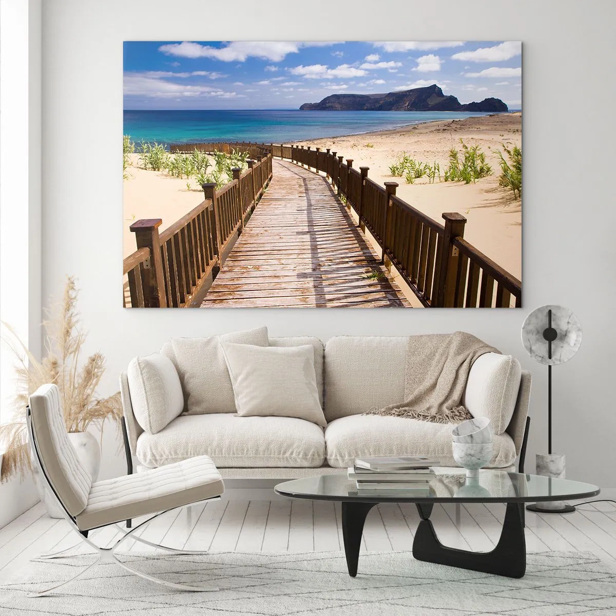 Cuadro sobre vidrio - Impresiones sobre Vidrio - Camino de madera en la playa que conduce al mar. - 120x80cm - Llévame a la isla de la felicidad - Decoración de pared moderna para salón y dormitorio ARTTOR