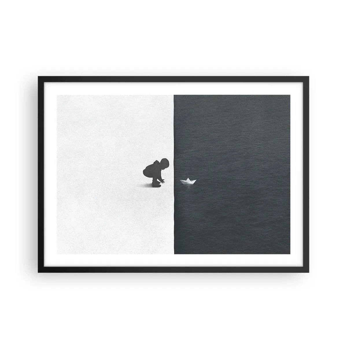 Póster en marco negro - Figura de un niño con un barquito de papel sobre un fondo de mitades contrastantes. - 70x50cm - Una gran expedición náutica - Decoración de pared moderna para salón y dormitorio ARTTOR
