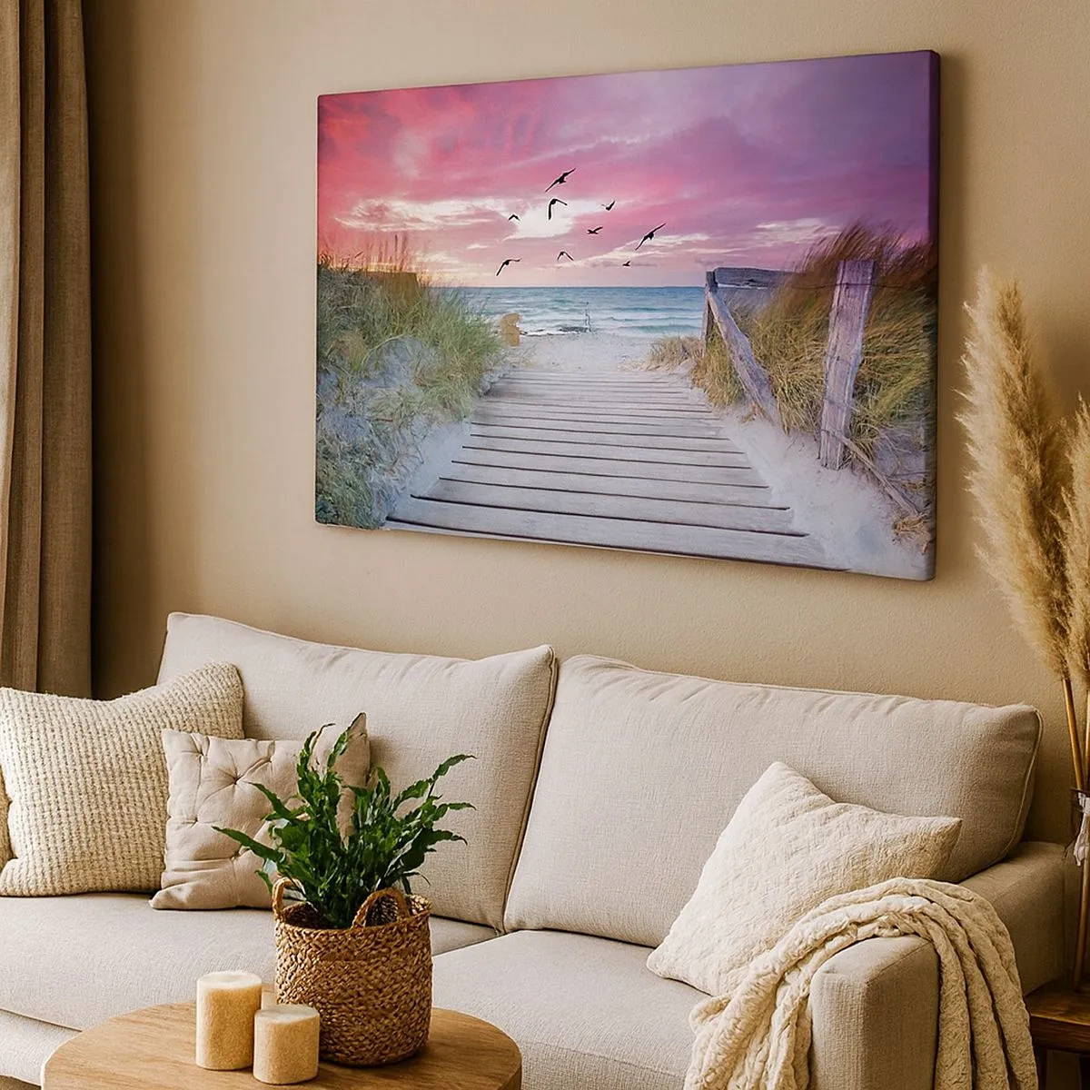 Cuadro sobre lienzo - Impresión de Imagen - Camino de madera en la playa al atardecer rosa - 70x50cm - Impresión del Báltico - Decoración de pared moderna para salón y dormitorio ARTTOR