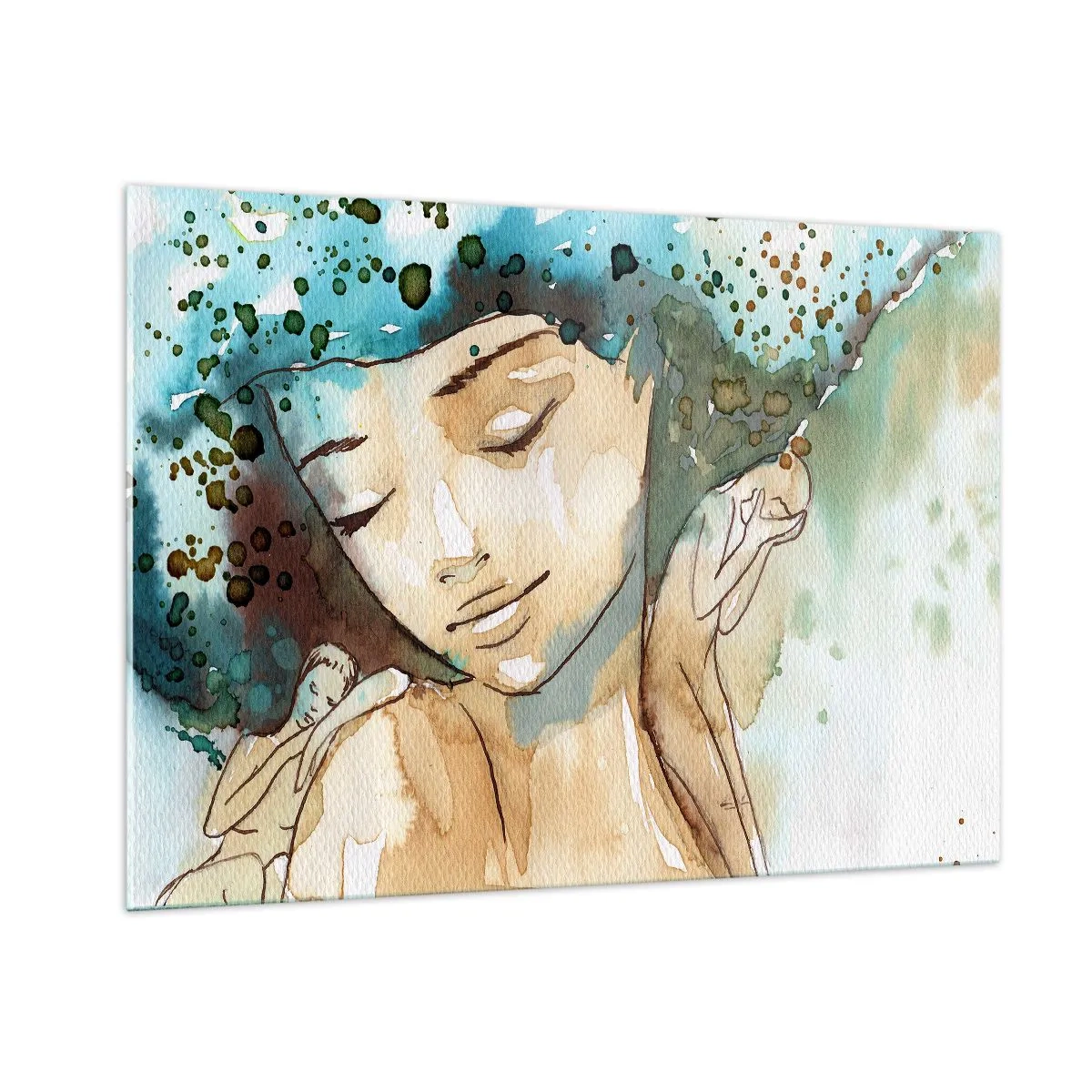 Cuadro sobre vidrio - Impresiones sobre Vidrio - Retrato en acuarela de una mujer con los ojos cerrados. - 100x70cm - Dama de azul - Decoración de pared moderna para salón y dormitorio ARTTOR