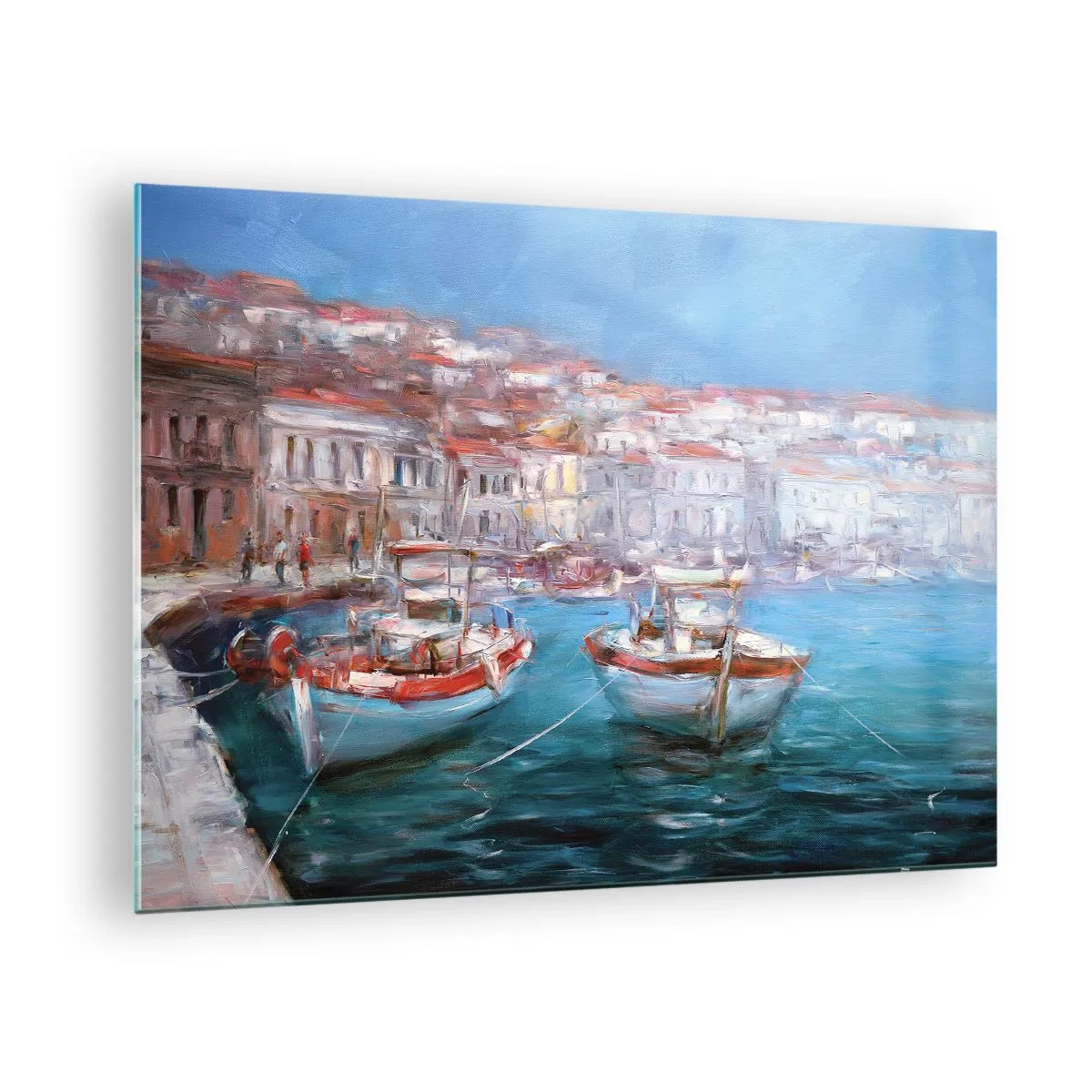 Cuadro sobre vidrio - Impresiones sobre Vidrio - Puerto pesquero con barcos con edificios italianos como telón de fondo y un cielo azul. - 70x50cm - Bahía italiana - Decoración de pared moderna para salón y dormitorio ARTTOR