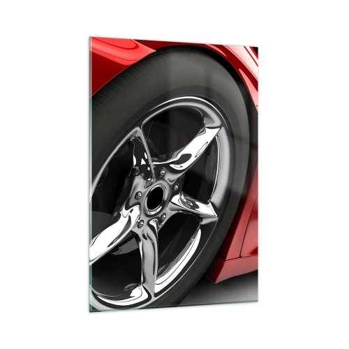 Cuadro sobre vidrio - Impresiones sobre Vidrio - Coche deportivo rojo con ruedas cromadas - 80x120cm - Creado para la velocidad - Decoración de pared moderna para salón y dormitorio ARTTOR
