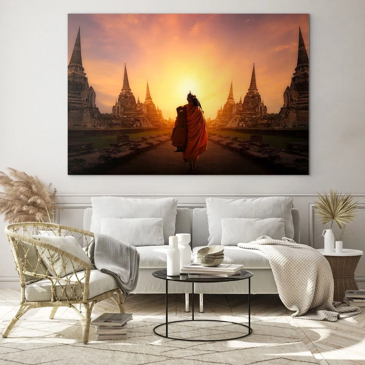 Cuadro sobre vidrio - Impresiones sobre Vidrio - Un monje con el sol poniente como telón de fondo y templos en Asia. - 120x80cm - En paz por la eternidad - Decoración de pared moderna para salón y dormitorio ARTTOR