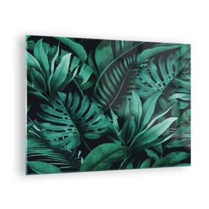 Cuadro sobre vidrio - Impresiones sobre Vidrio - Hojas verdes exuberantes en una composición tropical. - 70x50cm - Profundidad del verde tropical - Decoración de pared moderna para salón y dormitorio ARTTOR