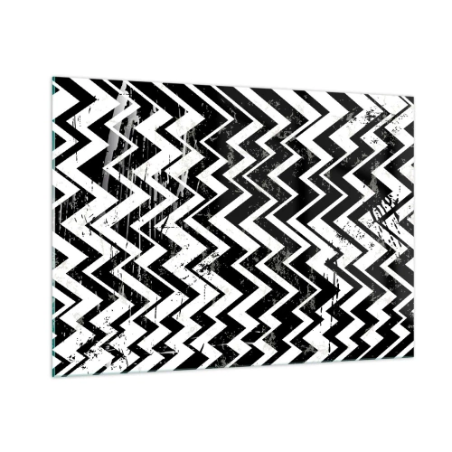 Cuadro sobre vidrio - Impresiones sobre Vidrio - Un patrón en zigzag en blanco y negro con una composición y textura dinámicas. - 100x70cm - Zig-blanco, zag-negro - Decoración de pared moderna para salón y dormitorio ARTTOR