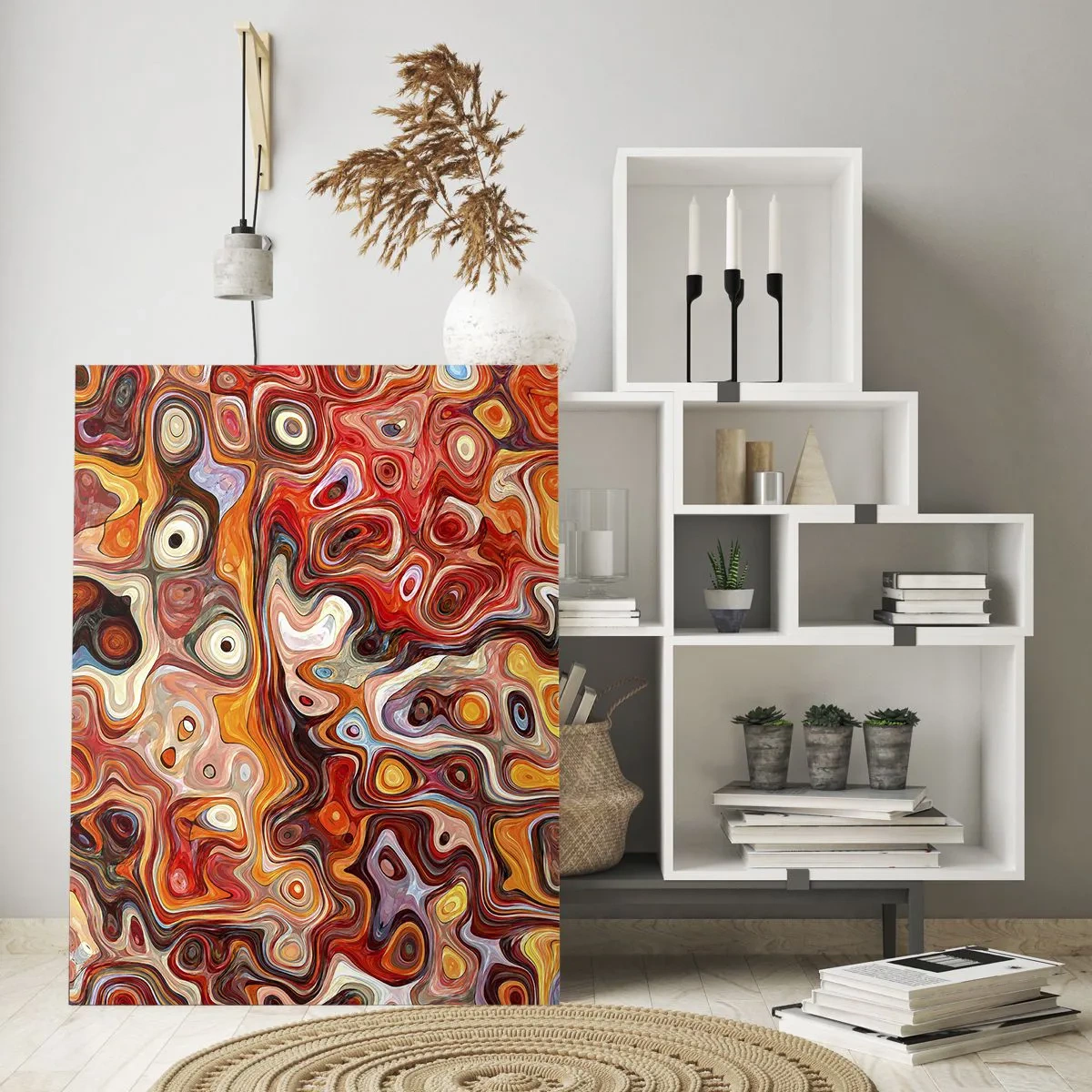 Cuadro sobre vidrio - Impresiones sobre Vidrio - Una composición abstracta en tonos cálidos de rojo, naranja y amarillo. - 80x120cm - Si las nueces se derritieran en la miel - Decoración de pared moderna para salón y dormitorio ARTTOR