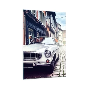 Cuadro sobre vidrio - Impresiones sobre Vidrio - Un coche blanco clásico en una calle adoquinada de la ciudad. - 70x100cm - El pasado está aquí - Decoración de pared moderna para salón y dormitorio ARTTOR