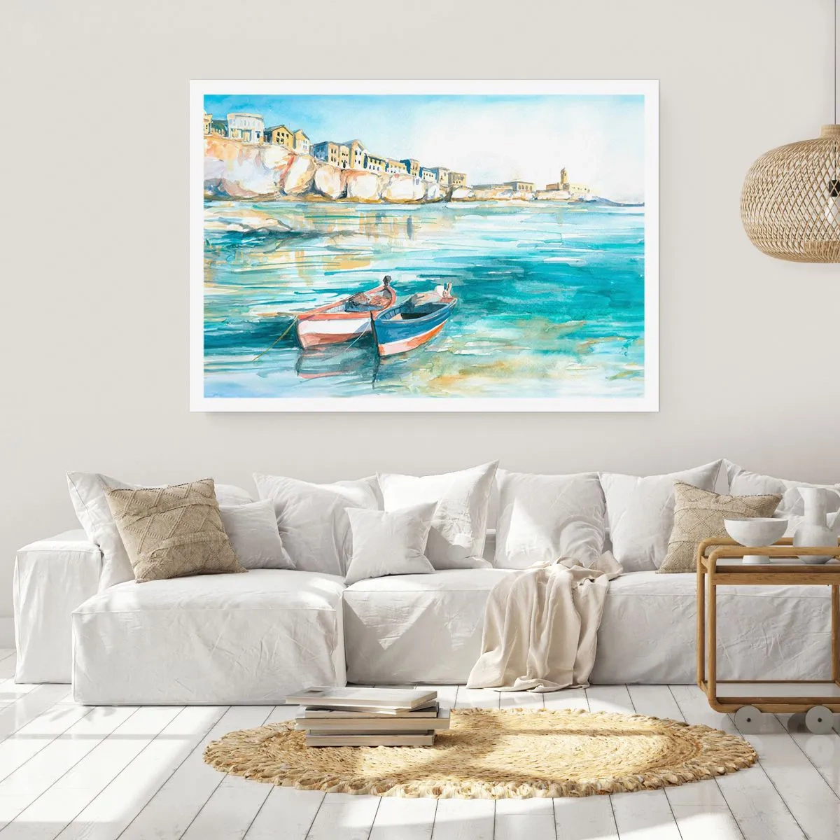 Póster - Un pintoresco paisaje costero con barcos en el agua. - 100x70cm - Paisaje en azul - Decoración de pared moderna para salón y dormitorio ARTTOR