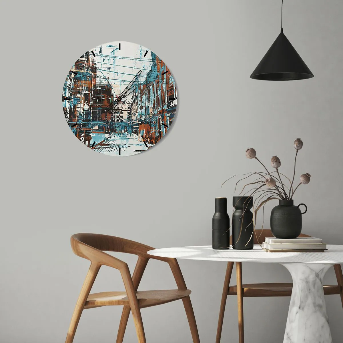 Reloj de pared - Reloj de vidrio - Calle de ciudad abstracta en tonos azules y marrones - 30x30cm - El sendero de la ciudad - Decoración de pared moderna para salón, cocina y dormitorio ARTTOR