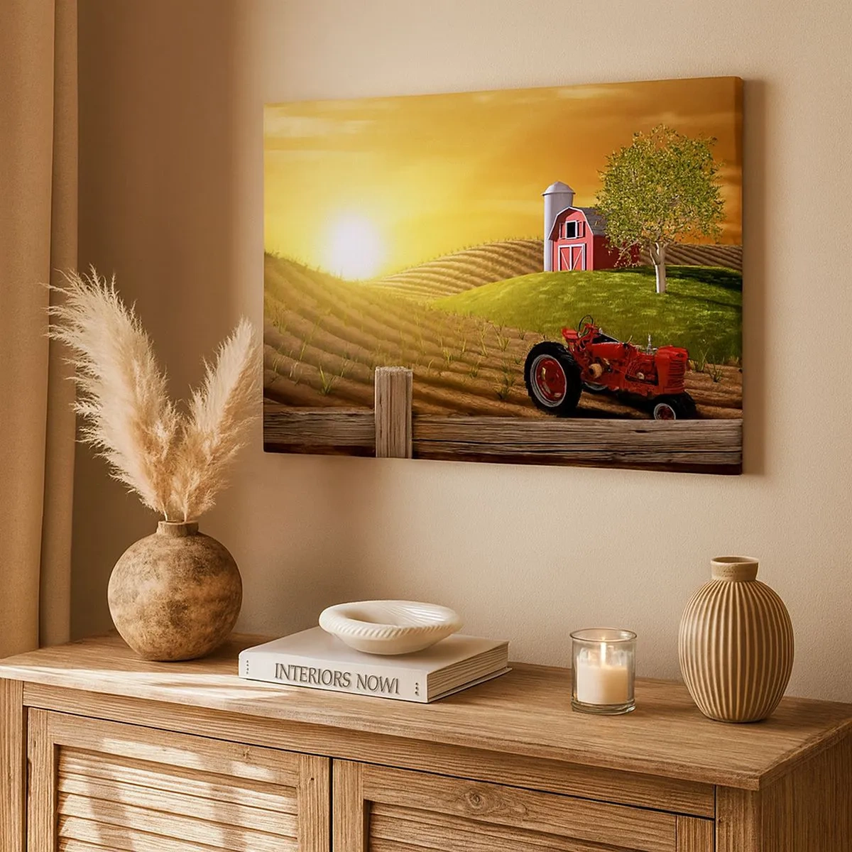 Cuadro sobre lienzo - Impresión de Imagen - Paisaje rural con un granero rojo, un tractor y el amanecer. - 70x50cm - Una granja como un cuento de hadas - Decoración de pared moderna para salón y dormitorio ARTTOR