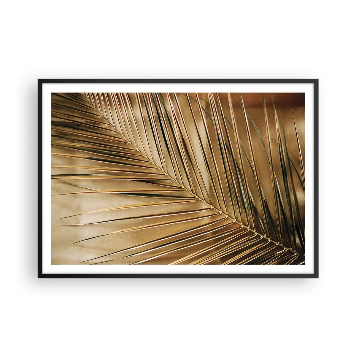 Póster en marco negro - Hoja de palma dorada sobre un fondo sólido - 100x70cm - Una columnata natural - Decoración de pared moderna para salón y dormitorio ARTTOR