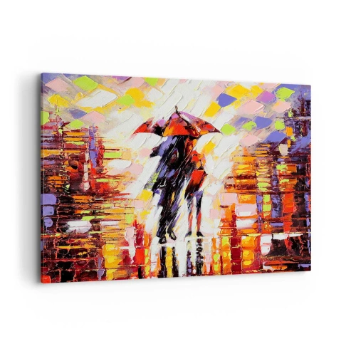 Cuadro sobre lienzo - Impresión de Imagen - Una escena abstracta de un paseo bajo un paraguas en una noche lluviosa. - 100x70cm - Juntos a través de la noche y la lluvia - Decoración de pared moderna para salón y dormitorio ARTTOR