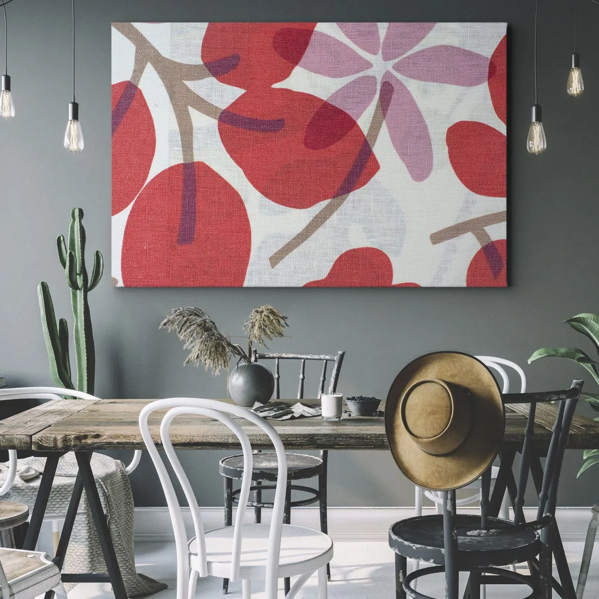 Cuadro sobre lienzo - Impresión de Imagen - Flores y hojas en tonos rojos y rosas. - 70x50cm - Composición floral en rosa - Decoración de pared moderna para salón y dormitorio ARTTOR
