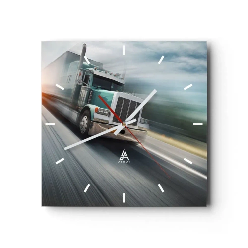 Reloj de pared - Reloj de vidrio - Un camión en la carretera en movimiento al atardecer. - 30x30cm - Un gigante norteamericano en apuros - Decoración de pared moderna para salón y dormitorio ARTTOR