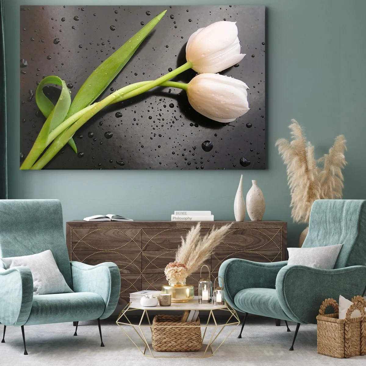 Cuadro sobre lienzo - Impresión de Imagen - Tulipanes blancos sobre fondo negro con gotas de agua. - 70x50cm - Primavera - Decoración de pared moderna para salón y dormitorio ARTTOR