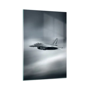 Cuadro sobre vidrio - Impresiones sobre Vidrio - Un avión de combate en vuelo contra un cielo nublado. - 80x120cm - ¿Quieres un reto? - Decoración de pared moderna para salón y dormitorio ARTTOR