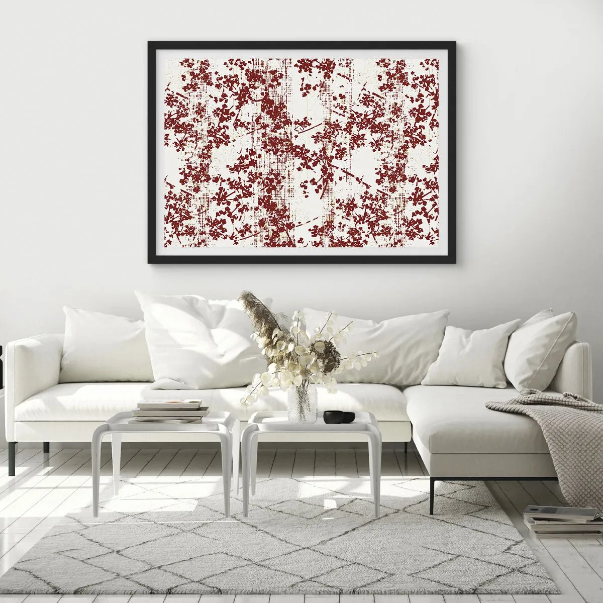 Póster en marco negro - Flores rojas sobre un fondo blanco en un estilo artístico. - 70x50cm - Como un viejo percal - Decoración de pared moderna para salón y dormitorio ARTTOR