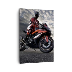 Cuadro sobre lienzo - Impresión de Imagen - Un motociclista en una motocicleta deportiva contra un cielo nublado. - 70x100cm - Motorista oscuro - Decoración de pared moderna para salón y dormitorio ARTTOR