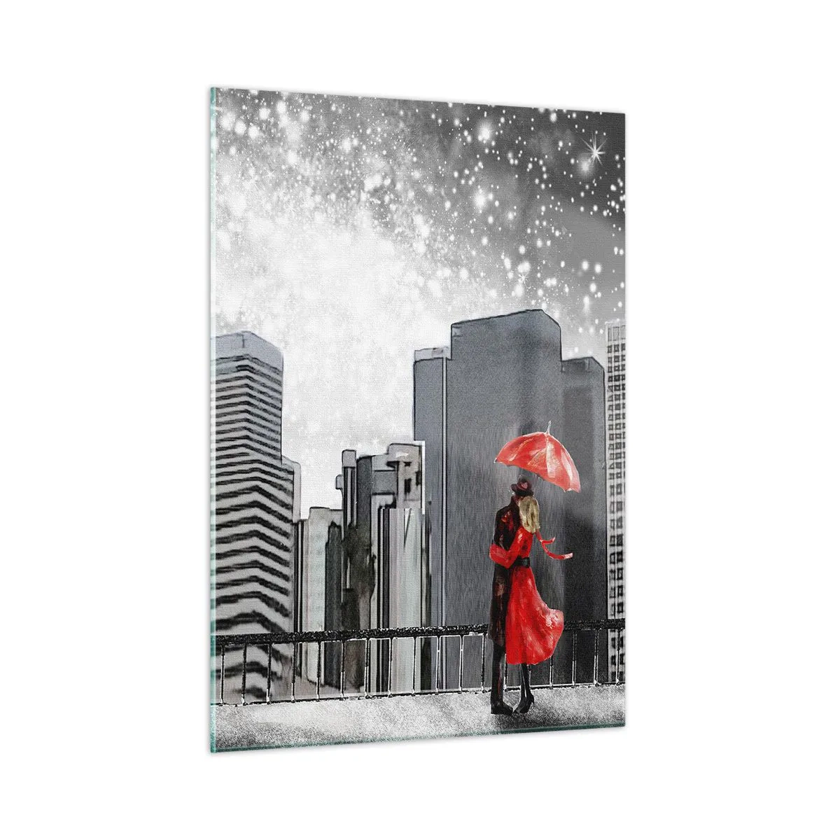 Cuadro sobre vidrio - Impresiones sobre Vidrio - Una pareja con un paraguas rojo de pie frente a un paisaje urbano por la noche. - 50x70cm - Amor en la jungla urbana - Decoración de pared moderna para salón y dormitorio ARTTOR