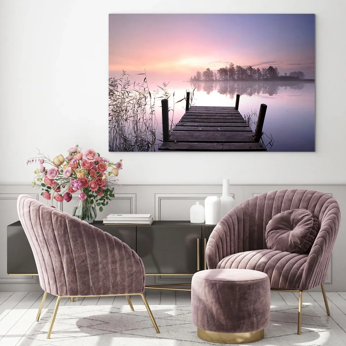 Cuadro sobre vidrio - Impresiones sobre Vidrio - Un muelle al amanecer sobre un lago tranquilo - 100x70cm - De la niebla lila... - Decoración de pared moderna para salón y dormitorio ARTTOR
