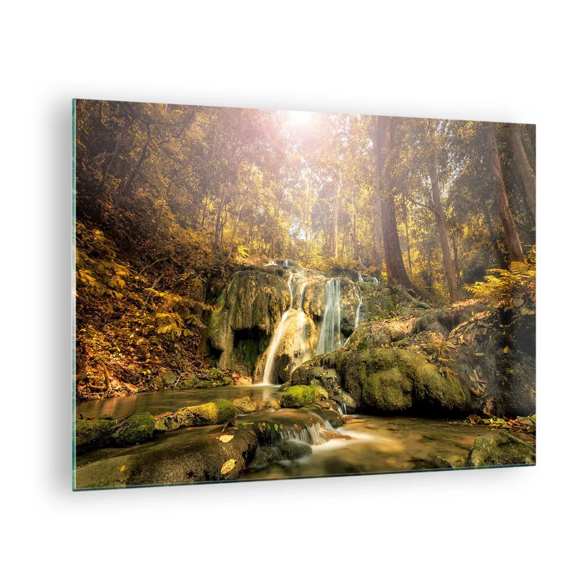 Cuadro sobre vidrio - Impresiones sobre Vidrio - Cascada forestal en la vegetación - 70x50cm - Cascada forestal en verde - Decoración de pared moderna para salón y dormitorio ARTTOR