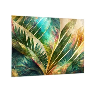 Cuadro sobre vidrio - Impresiones sobre Vidrio - Hojas coloridas con un toque tropical. - 70x50cm - Los colores del trópico - Decoración de pared moderna para salón y dormitorio ARTTOR