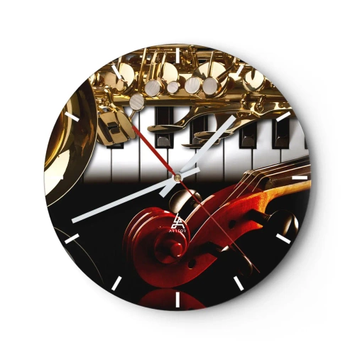 Reloj de pared - Reloj de vidrio - Una composición de instrumentos musicales sobre el fondo de un teclado. - 30x30cm - Chapa, madera y marfil - Decoración de pared moderna para salón, cocina y dormitorio ARTTOR