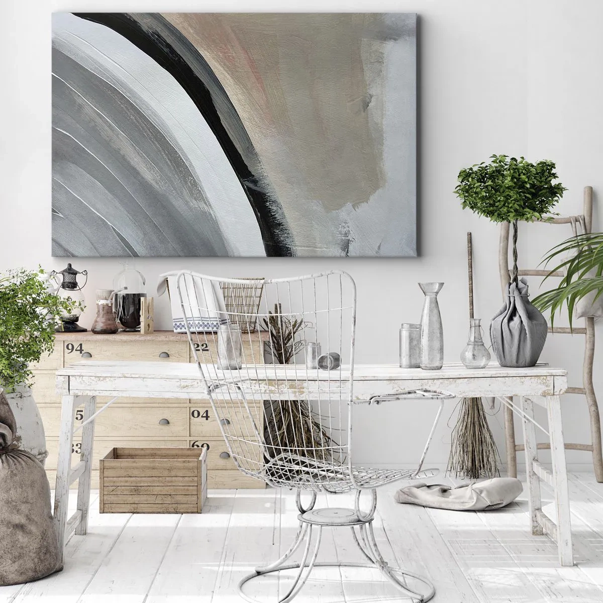 Cuadro sobre lienzo - Impresión de Imagen - Arco abstracto en tonos negro, gris y beige. - 120x80cm - Composición: un arco negro y gris - Decoración de pared moderna para salón y dormitorio ARTTOR