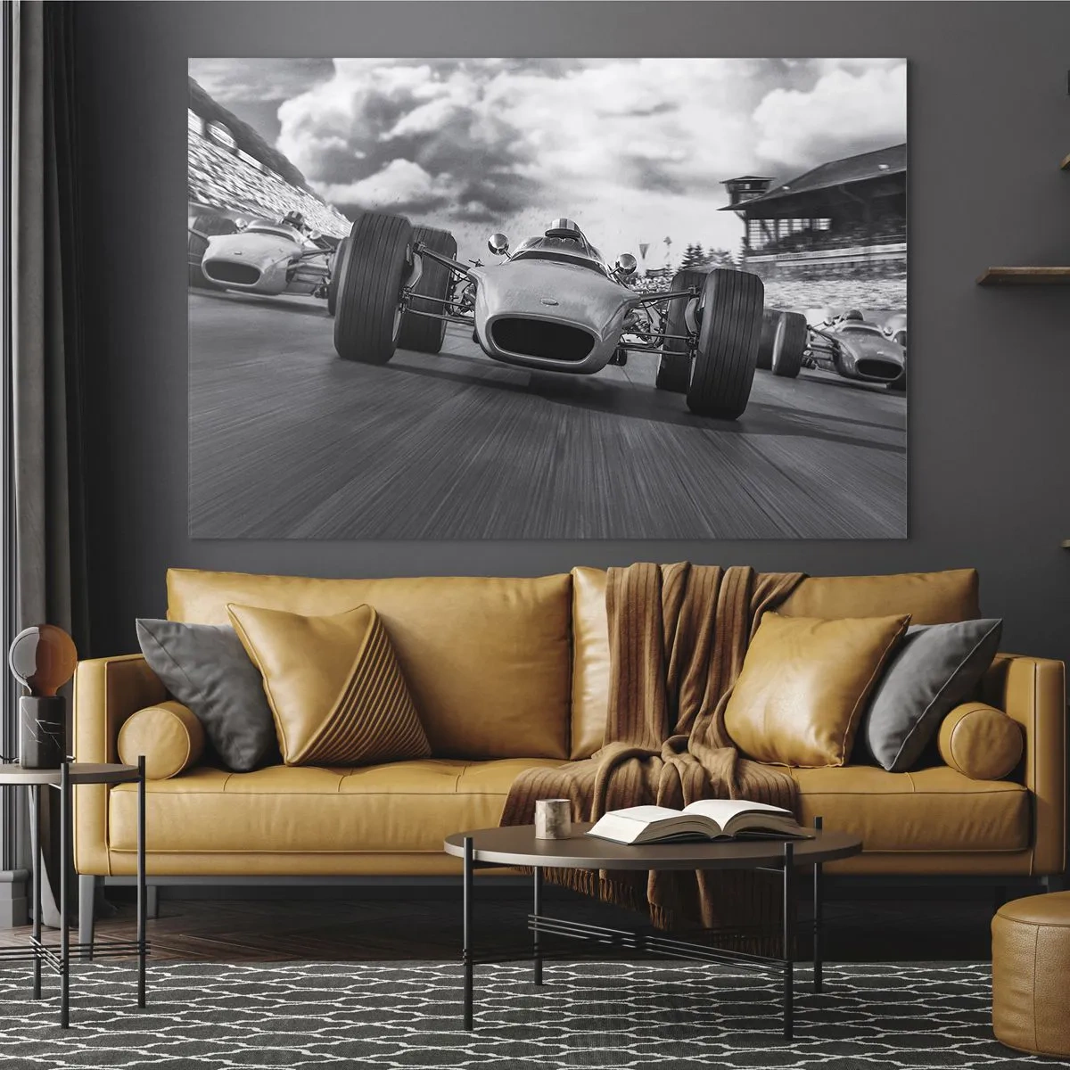 Cuadro sobre vidrio - Impresiones sobre Vidrio - Carrera de coches clásicos en una pista en blanco y negro - 100x70cm - ¡Hay poder! - Decoración de pared moderna para salón y dormitorio ARTTOR