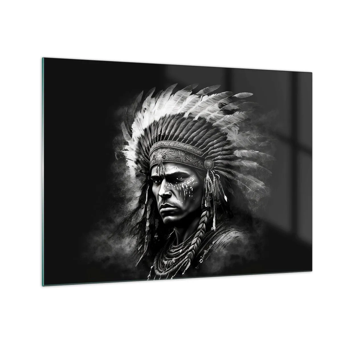 Cuadro sobre vidrio - Impresiones sobre Vidrio - Retrato en blanco y negro de un guerrero con un tocado de plumas. - 70x50cm - Líder y guerrero - Decoración de pared moderna para salón y dormitorio ARTTOR